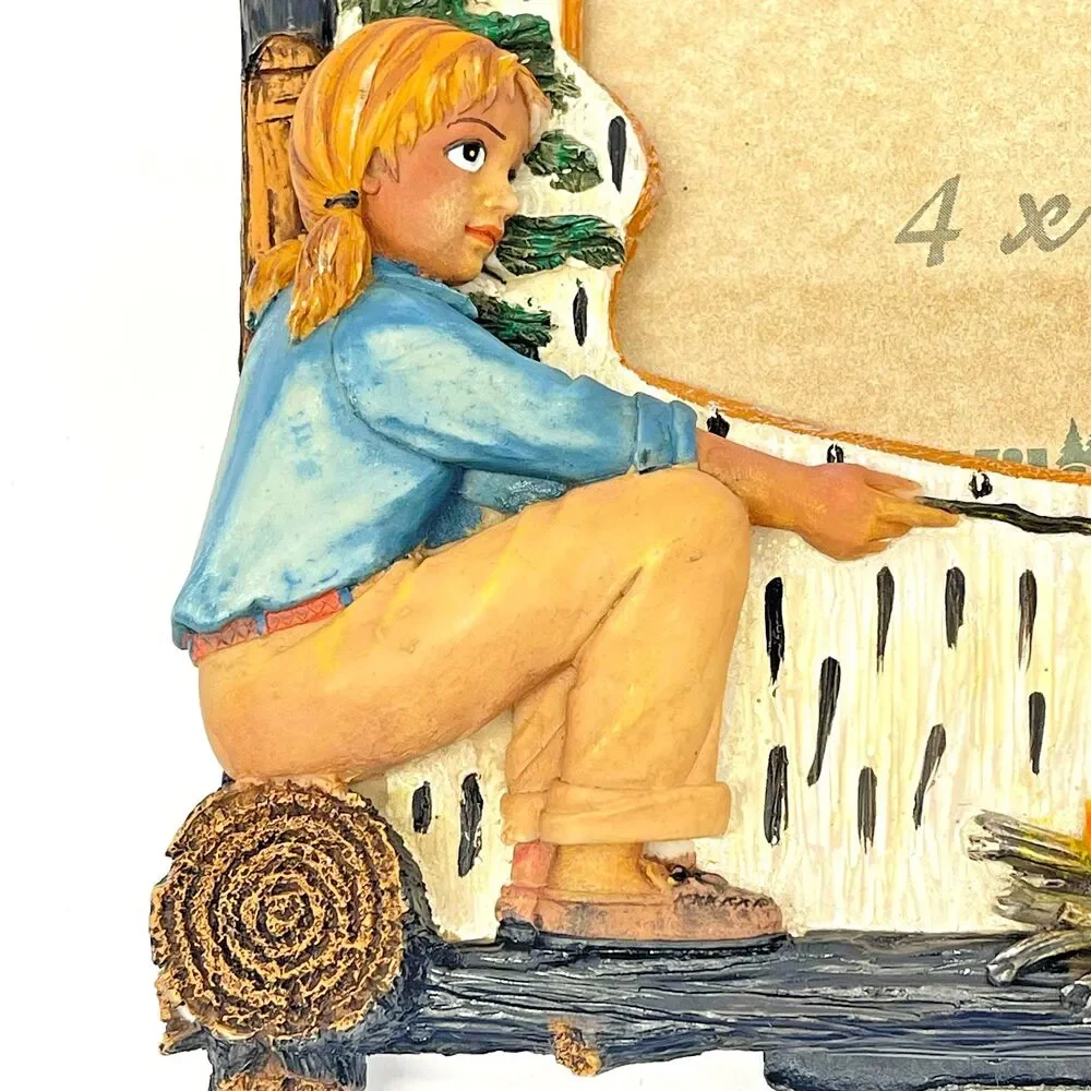 Vintage Wilcor 4x6 Photo Frame Hand Painted Camping Girl with Campfire Rustic